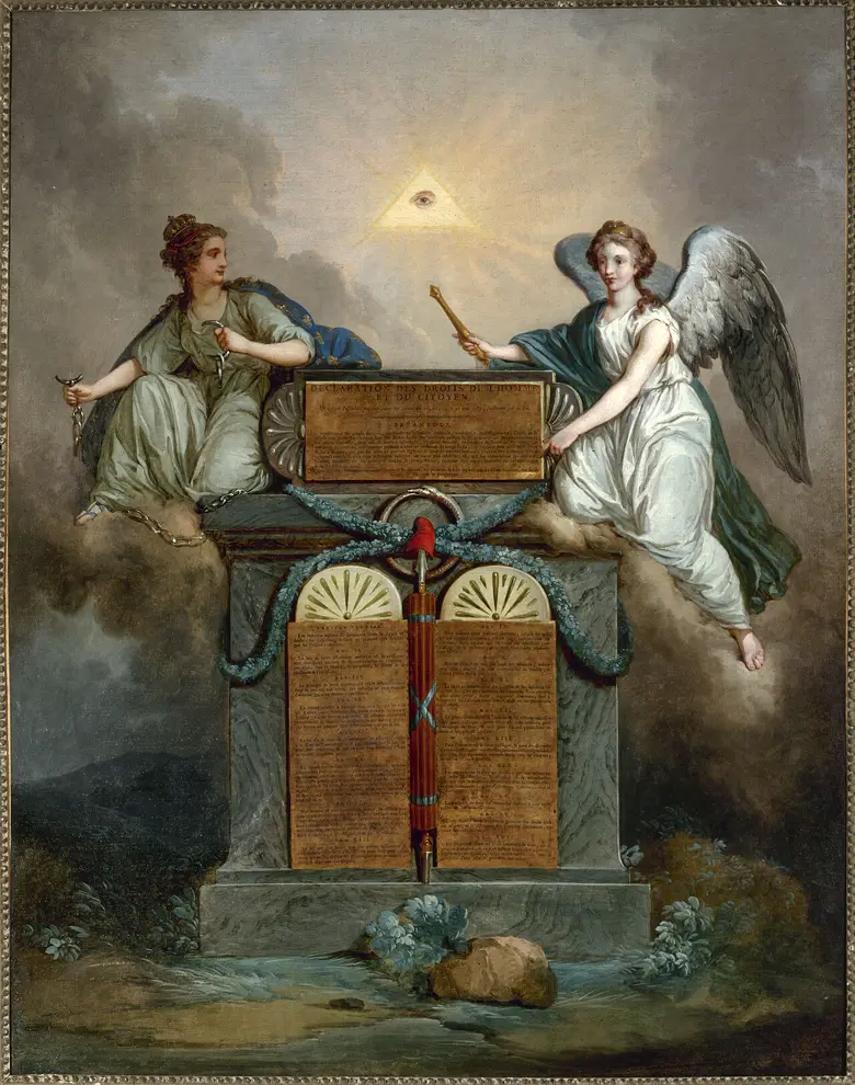 Tableau de 1789 : deux tables de pierre gravées des articles de la Déclaration des droits de l'homme, surmontées de deux figures allégoriques, la France brisant ses chaînes et un génie ailé qui désigne le texte.