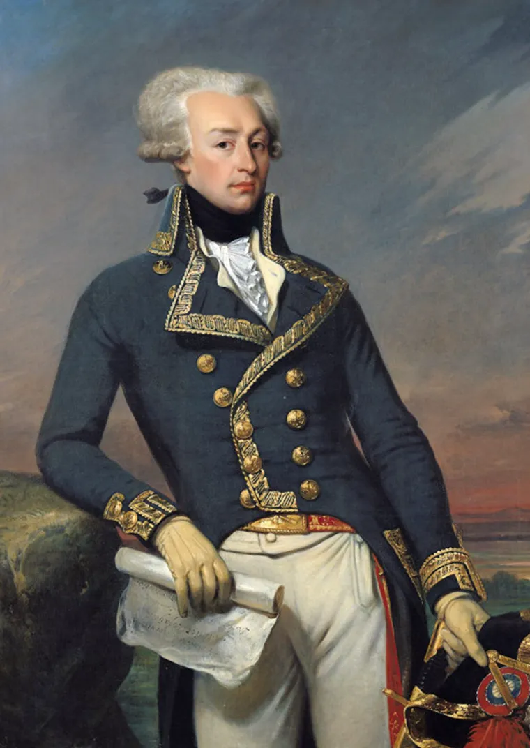 Painted portrait of the Marquis de Lafayette standing in a dark blue general's uniform embroidered with gold, a rolled document in one hand, his plumed hat with a tricolour cockade in the other.